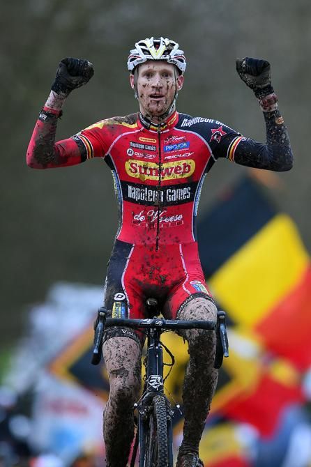 Klaas Vantornaout celebrates his win.