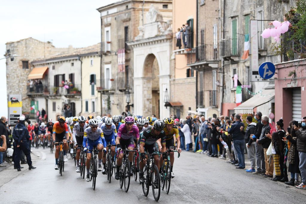 ROCCARASO ITALY OCTOBER 11 James Knox of The United Kingdom and Team Deceuninck QuickStep Arnaud Demare of France and Groupama FDJ Purple Points Jersey Peter Sagan of Slovakia and Team Bora Hansgrohe Guardiagrele Village Fans Public Peloton during the 103rd Giro dItalia 2020 Stage 9 a 207km stage from San Salvo to Roccaraso Aremogna 1658m girodiitalia Giro on October 11 2020 in Roccaraso Italy Photo by Tim de WaeleGetty Images