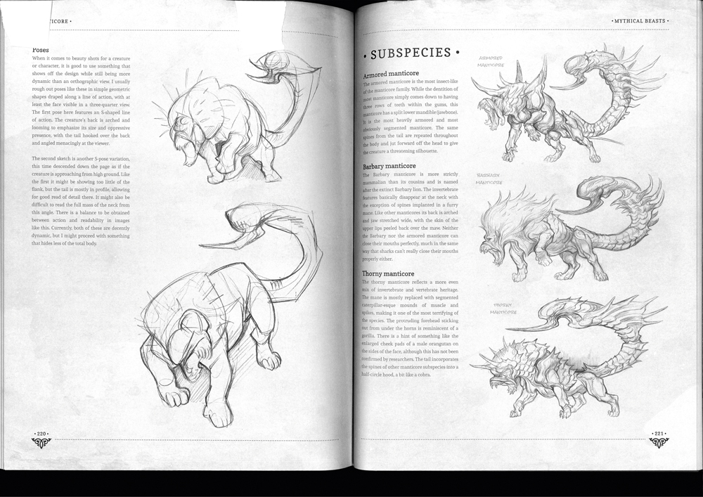 Book open on pages of creature sketchings