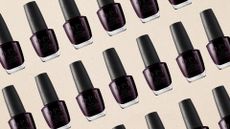 A product shot of the OPI Nail Lacquer in Black Cherry Chutney (a dark red/purple shade) repeated in a diagonal, repeated pattern along a cream background