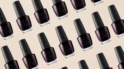 A product shot of the OPI Nail Lacquer in Black Cherry Chutney (a dark red/purple shade) repeated in a diagonal, repeated pattern along a cream background