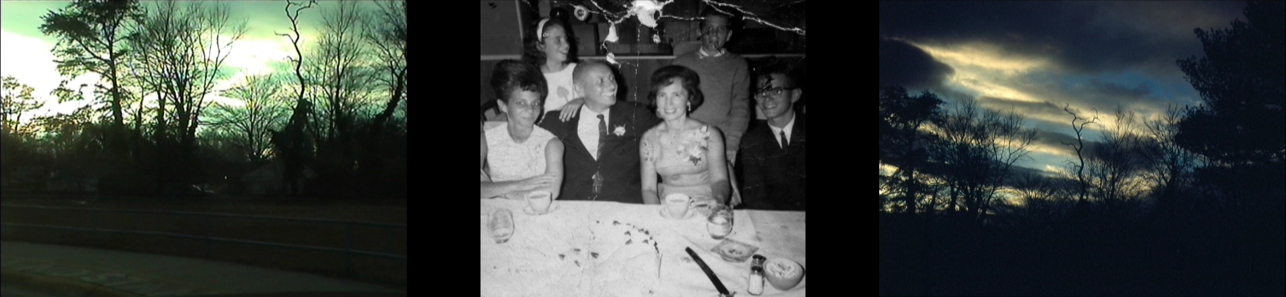 Nan Goldin film still showing silhouetted trees and a family gathering