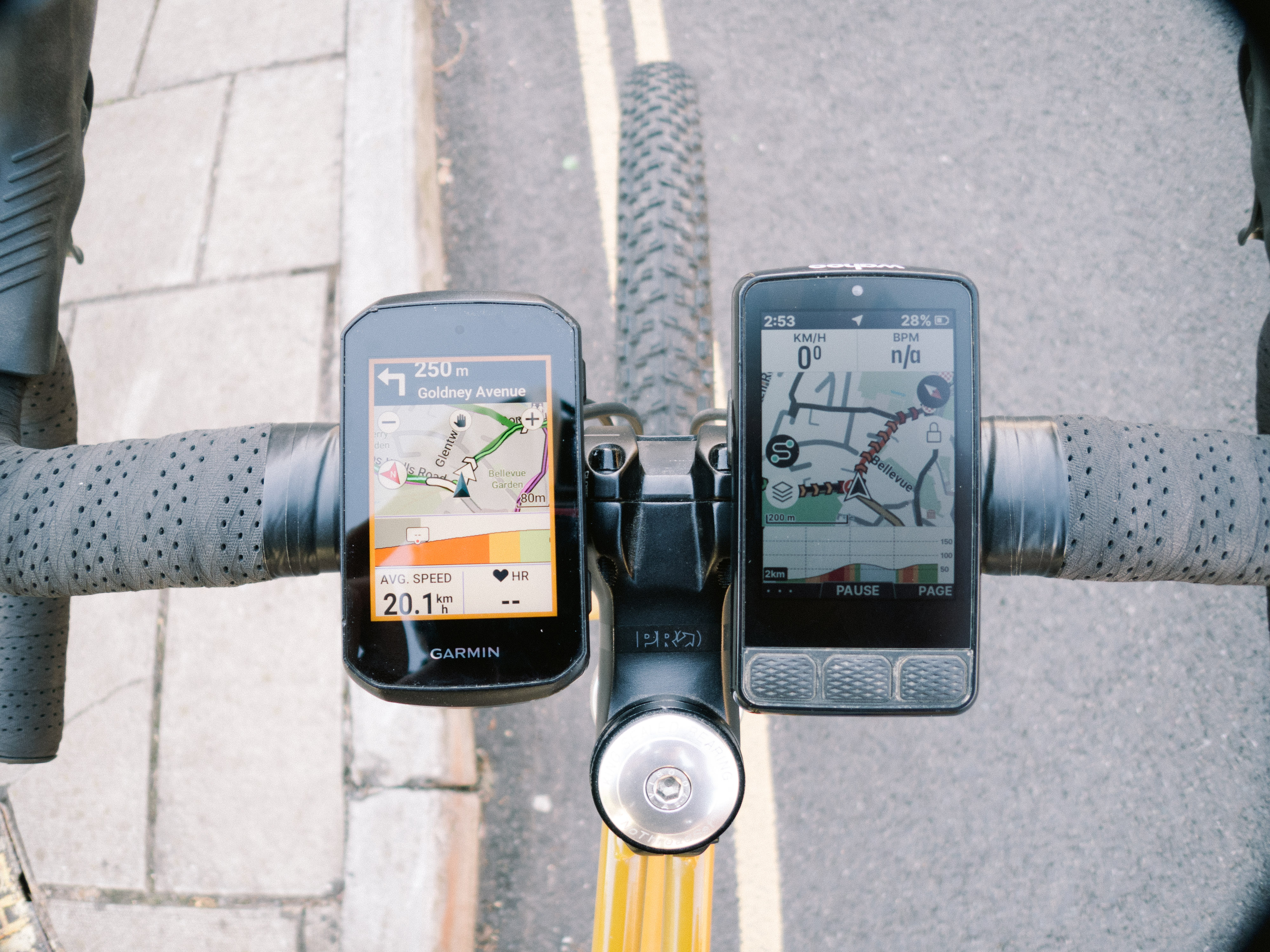 Two bike computers on the handlebar of a gravel bike