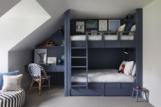 a blue bedroom with bunk beds