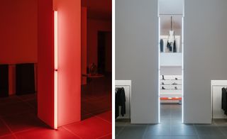 Two images. Left, a room with large red floor tiles and a pillar with a long light on it. Right, clothing displays built into a white wall with long lights on it.