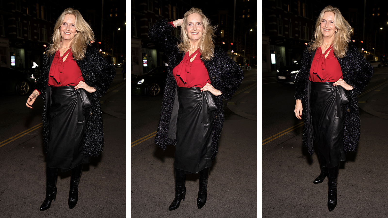 Penny Lancaster wearing a red blouse and black skirt