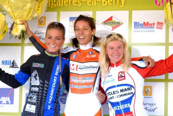 The women's podium: Pauline Ferrand Prevot, Lucie Chainel and Christel Ferrier-Bruneau