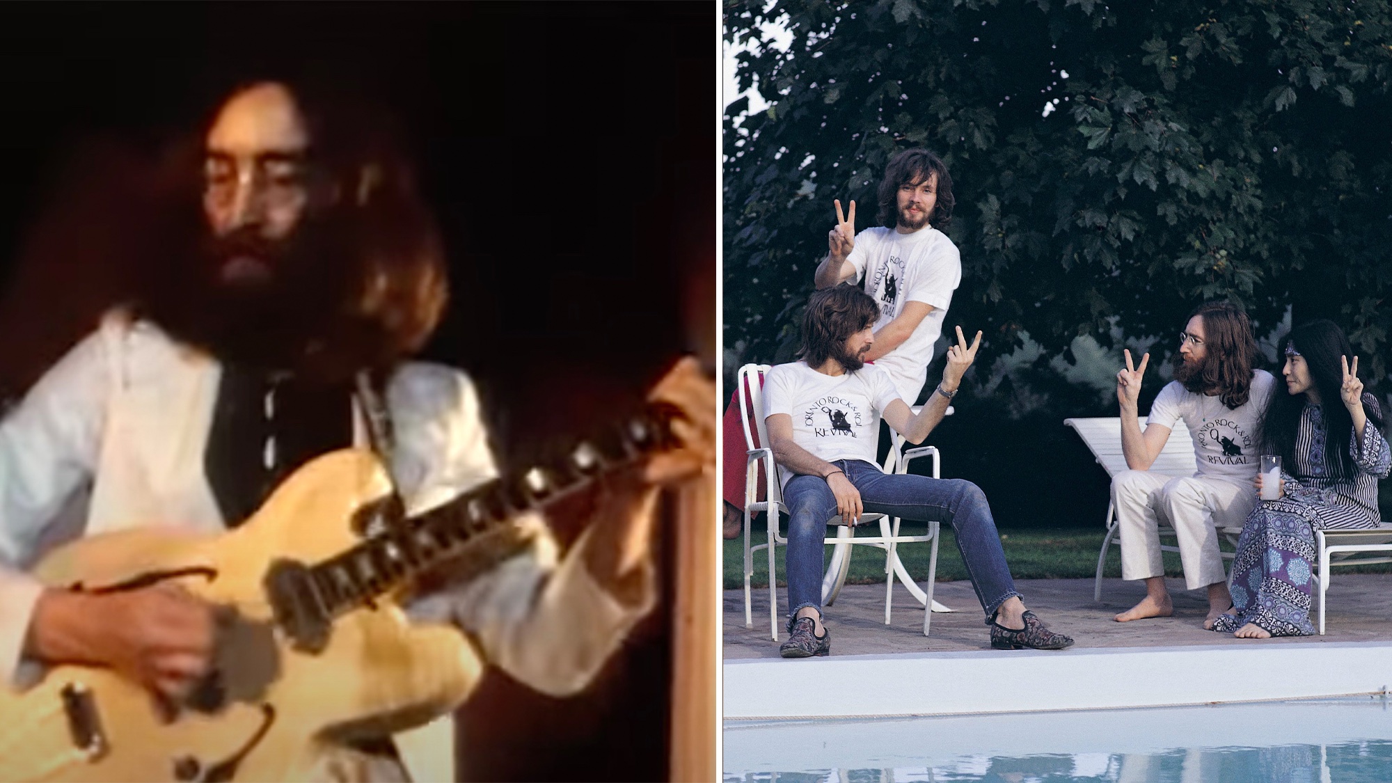 John Lennon performs at the Toronto Rock and Roll Revival at Varsity Stadium in Toronto on September 13, 1969 (left), (from left) Eric Clapton (seated), bassist Klaus Voorman, John Lennon, and Yoko Ono