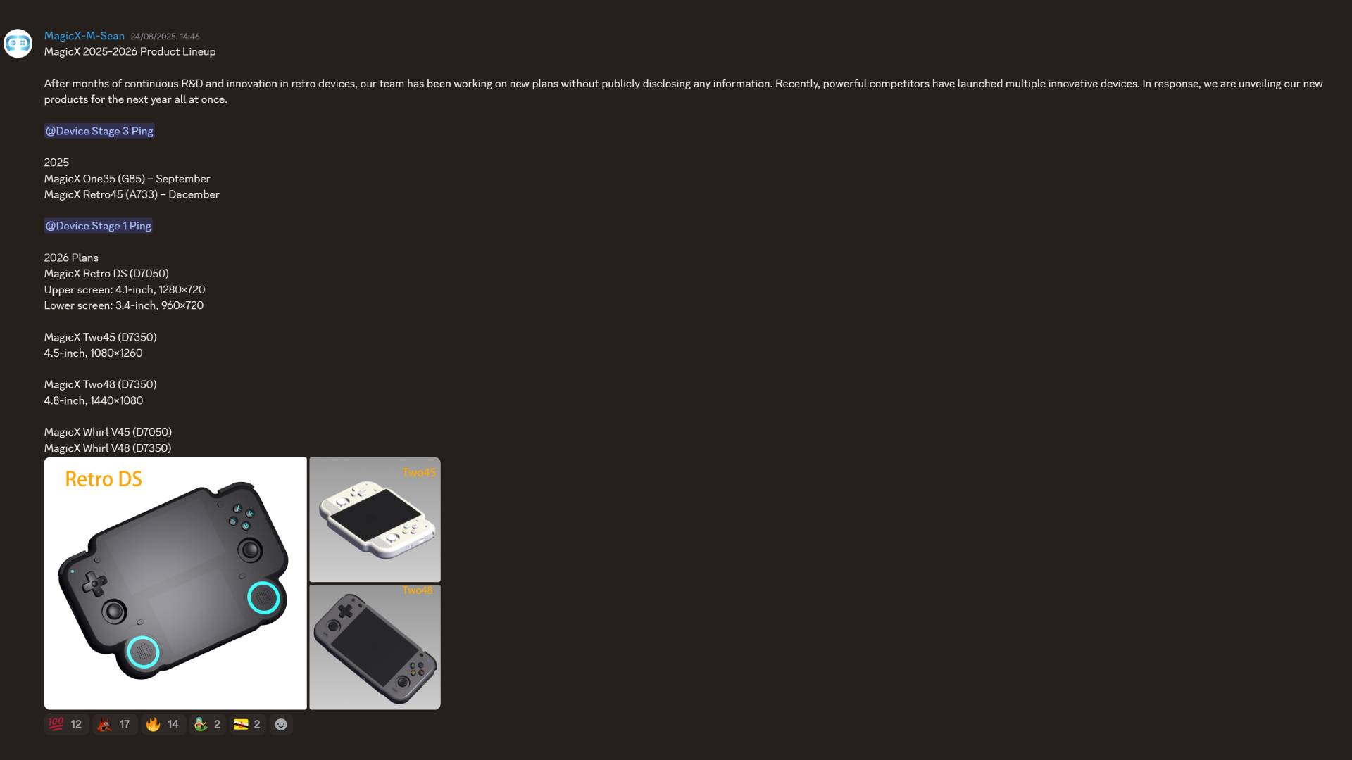 Screenshot of MagicX product line up announcement on Discord featuring timeline and three handheld images attached.