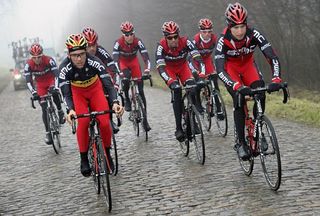 BMC Racing Team's classics crew puts in the miles on the Omloop Het Nieuwsblad cobbles.