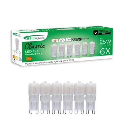 Bell Lighting 6 Pack G9 Led Bulbs 2.0w 210lm , Warm White 2700k , Energy Saving 20w Equivalent , Non-Dimmable Capsule