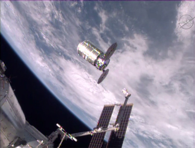 The unmanned Cygnus cargo ship Deke Slayton II departs the International Space Station at the end of its resupply mission. The robotic spacecraft will be commanded to intentionally burn up in the Earth&#039;s atmosphere for disposal.