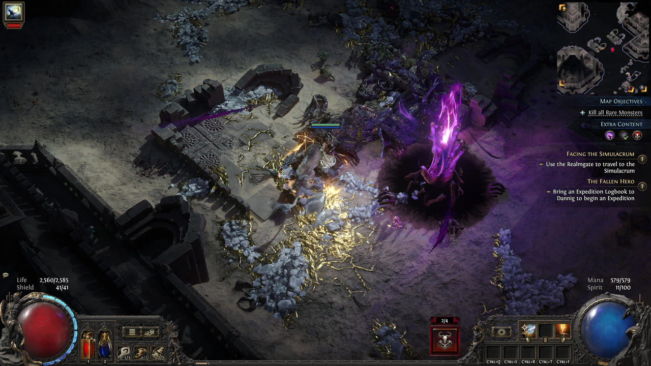 PoE2 Dawn of the Hunt endgame - Gameplay of the Breach mode, with a large purple crystal in the ruins.