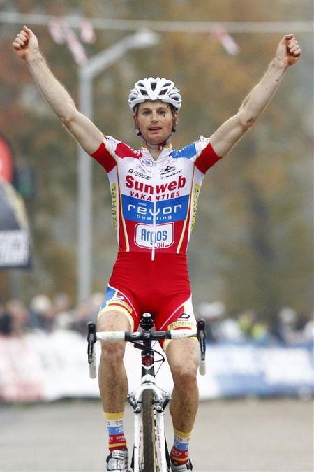 Kevin Pauwels (Sunweb-Revor) celebrates his victory in the opening 'cross World Cup round in Tabor.