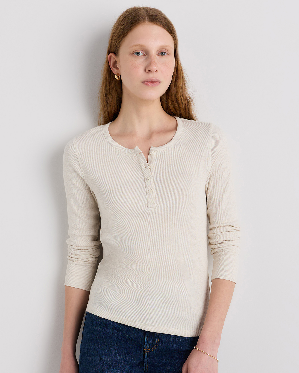 Organic Cotton Micro-Rib Henley Long Sleeve Tee in Heather Oatmeal