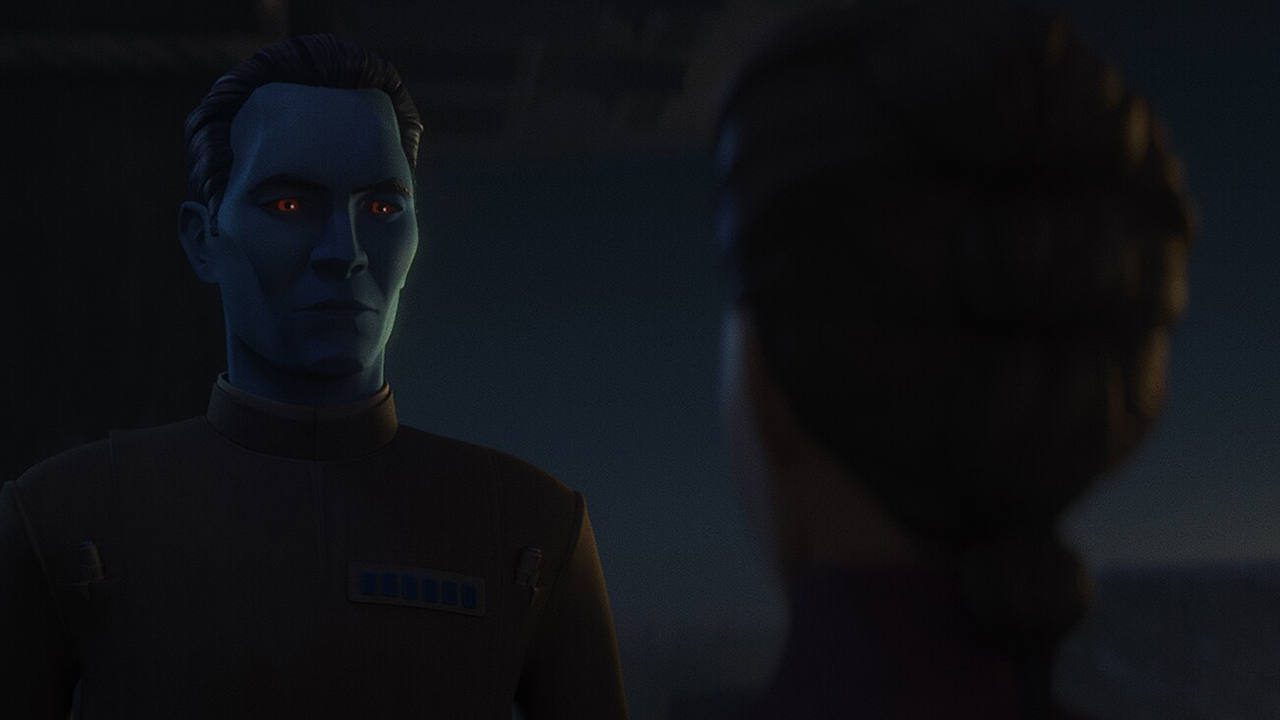 a character in a military uniform with blue skin stares ominously at another character