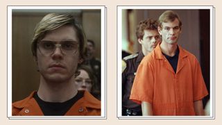 A production still of actor Evan Peters playing Jeffrey Dahmer in Netflix's 'Monster: The Jeffrey Dahmer story / alongside a real-life picture of Jeffrey Dahmer taken in 1991