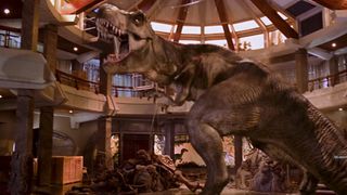 The T Rex in Jurassic Park as he tears up the visitors center at the end of the movie