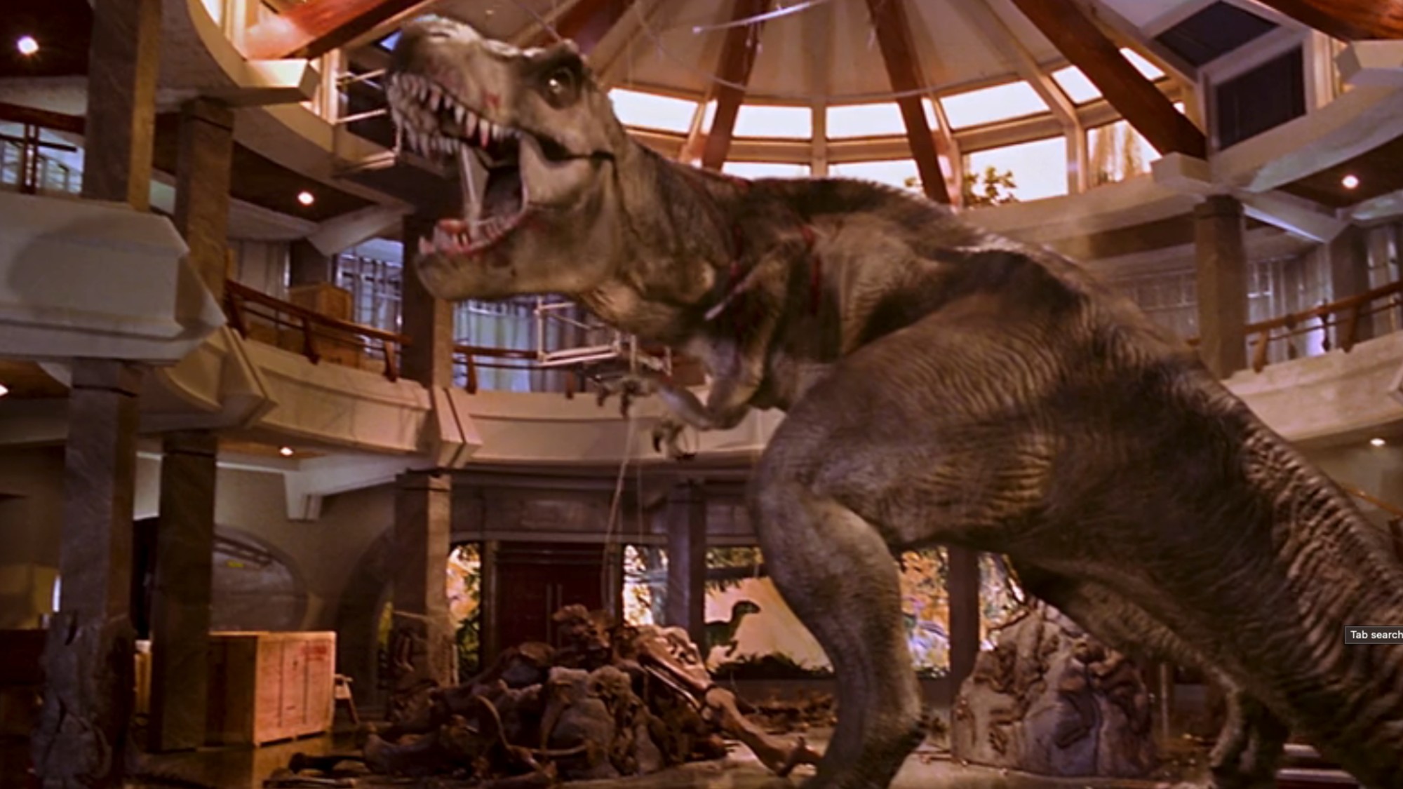 The T Rex in Jurassic Park as he tears up the visitors center at the end of the movie