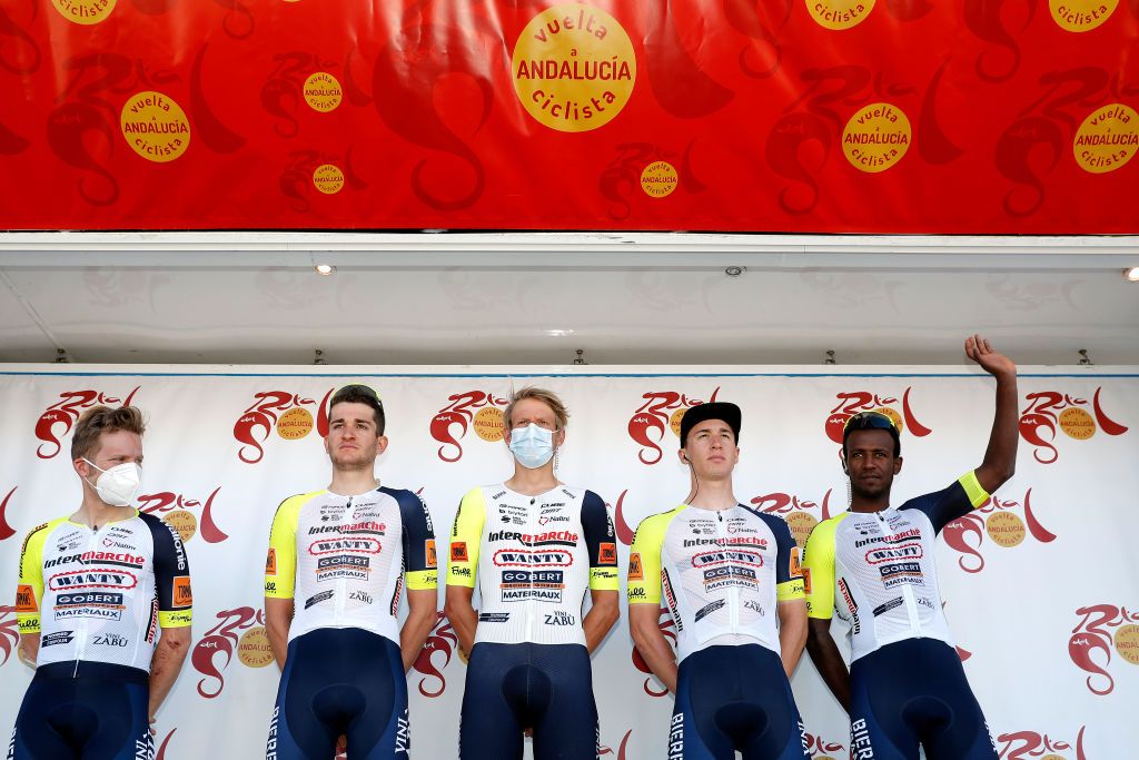 OTURA SPAIN FEBRUARY 18 Jan Bakelants of Belgium Hailu Biniam Girmay of Eritrea Kobe Goossens of Belgium Barnabas Pek of Hungary Domenico Pozzovivo of Italy Taco Van Der Hoorn of Netherlands Tho Delacroix of France and Intermarch Wanty Gobert Matriaux during the team presentation prior to the 68th Vuelta A Andalucia Ruta Del Sol 2022 Stage 3 a 1532km stage from Lucena to Otura 68RdS on February 18 2022 in Otura Spain Photo by Bas CzerwinskiGetty Images