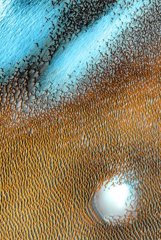 Blue dunes on the surface of Mars.
