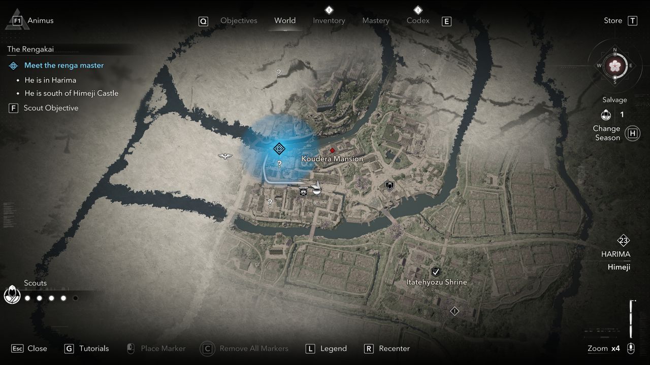 Assassin's Creed Shadows guided exploration - A large blue search area on a partially obscured map.