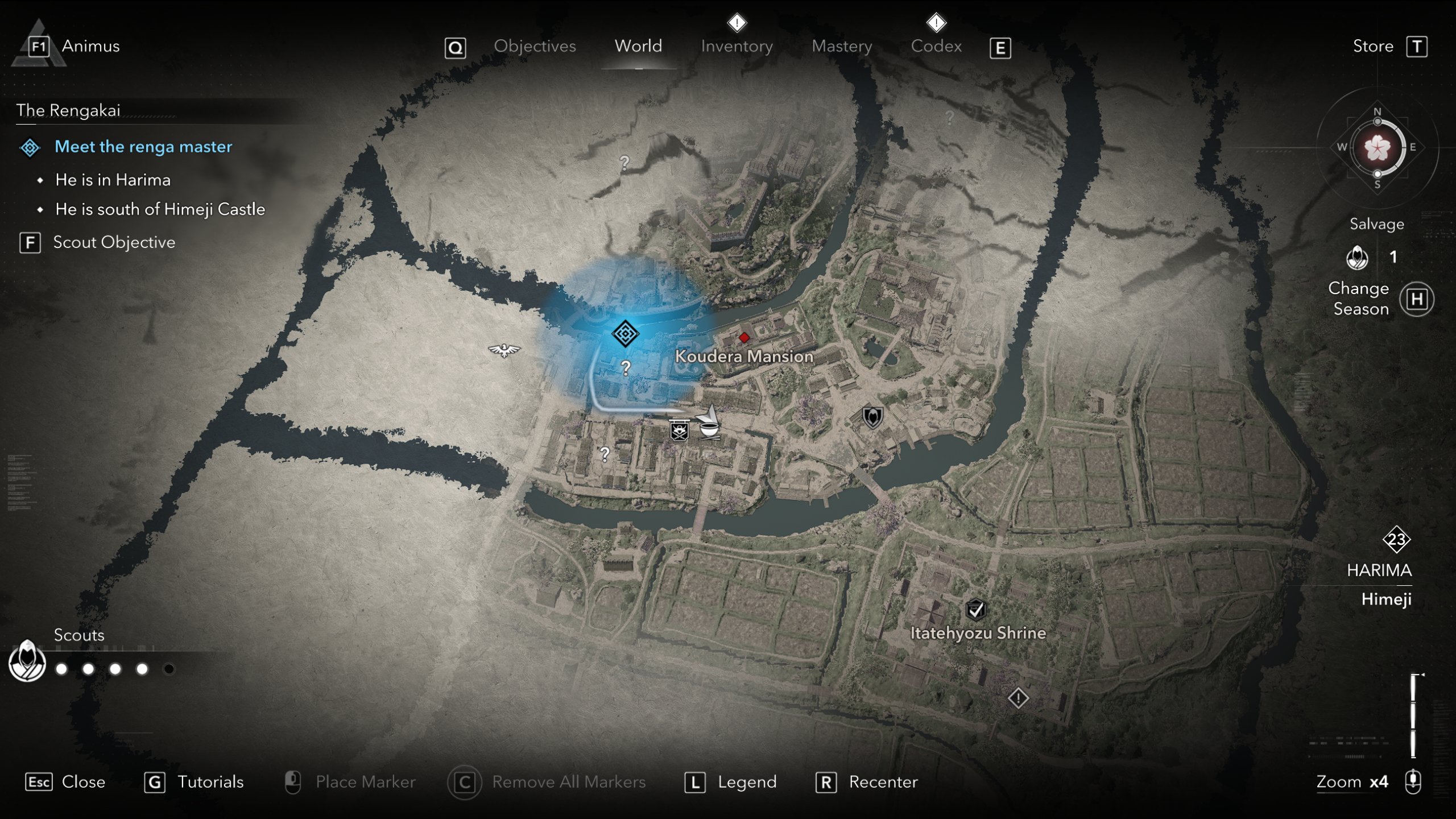 Assassin's Creed Shadows guided exploration - A large blue search area on a partially obscured map.