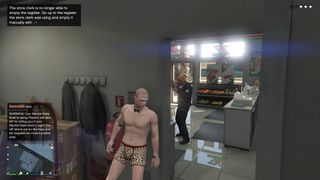 A naked man hides from the cops