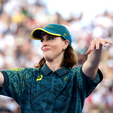 B-Girl Raygun of Team Australia reacts during the B-Girls Round Robin - Group B on day fourteen of the Olympic Games Paris 2024 at Place de la Concorde on August 09, 2024 in Paris, France.