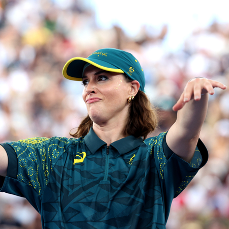 B-Girl Raygun of Team Australia reacts during the B-Girls Round Robin - Group B on day fourteen of the Olympic Games Paris 2024 at Place de la Concorde on August 09, 2024 in Paris, France.