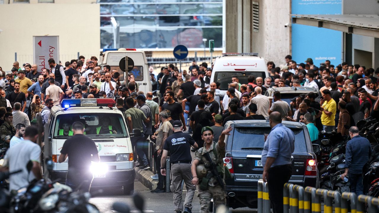 Crowds gather around ambulances in Beirut, Lebanon, after exploding pager attacks