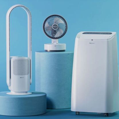 Pro Breeze white air con product, dehumidifier, and fan on bright blue background
