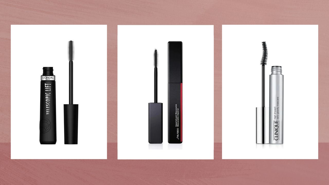 Collage of three of the best mascaras for short lashes featured in this guide from (left–right) L&#039;Oreal Paris, Shiseido and Clinique, set against a dark pink watercolour-style background 