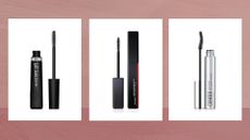 Collage of three of the best mascaras for short lashes featured in this guide from (left–right) L'Oreal Paris, Shiseido and Clinique, set against a dark pink watercolour-style background 