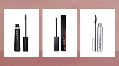 Collage of three of the best mascaras for short lashes featured in this guide from (left–right) L'Oreal Paris, Shiseido and Clinique, set against a dark pink watercolour-style background 