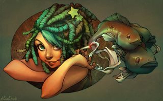 Girl with green dreadlocks holding fish