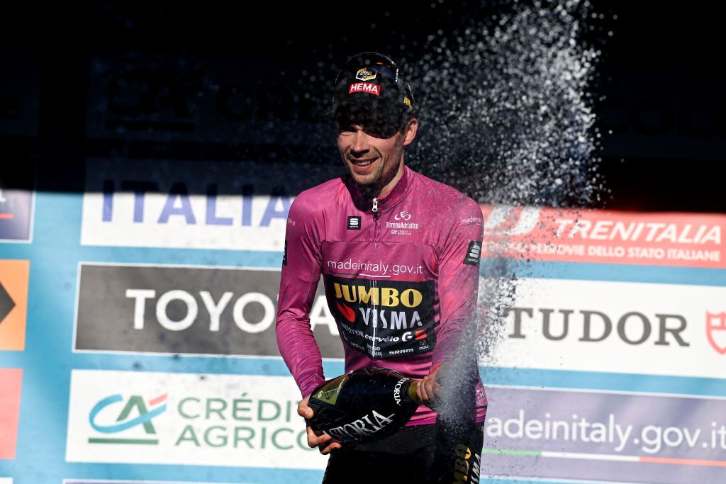 SAN BENEDETTO DEL TRONTO ITALY MARCH 12 Primoz Roglic of Slovenia and Team Jumbo Visma celebrates at podium as Purple Sprint Jersey winner during the 58th TirrenoAdriatico 2023 Stage 7 a 154km stage from San Benedetto del Tronto to San Benedetto del Tronto UCIWT TirrenoAdriatico on March 12 2023 in San Benedetto del Tronto Italy Photo by Tim de WaeleGetty Images