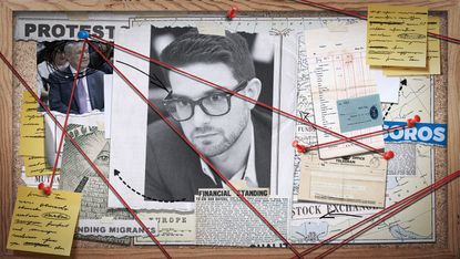 Conspiracy theory cork board with clippings and photographs