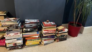 pile of books next to a plant