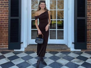 Sara Walker in a brown Reformation dress and Gucci bag.