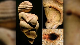 The original Venus from Willendorf. Left: lateral view. Right top: hemispherical cavities on the right haunch and leg. Right bottom: existing hole enlarged to form the navel.