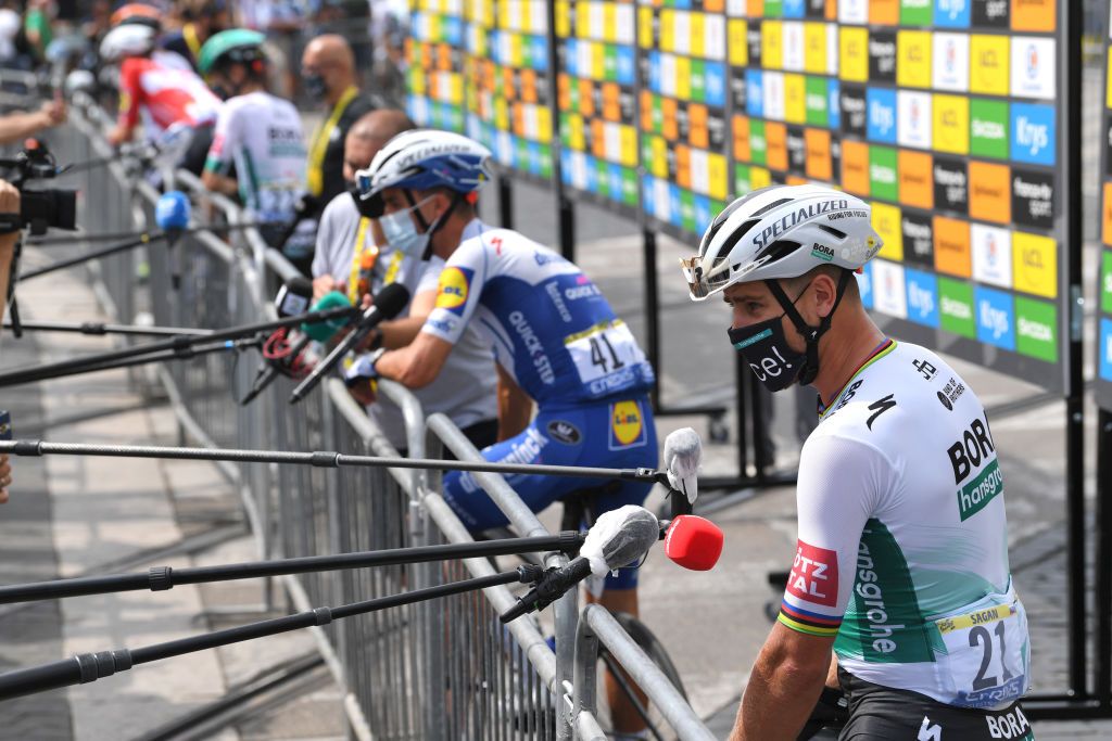 NICE FRANCE AUGUST 29 Start Peter Sagan of Slovakia and Team Bora Hansgrohe Press Media Social distancing Nice City during the 107th Tour de France 2020 Stage 1 a 156km stage from Nice Moyen Pays to Nice TDF2020 LeTour on August 29 2020 in Nice France Photo by Tim de WaeleGetty Images