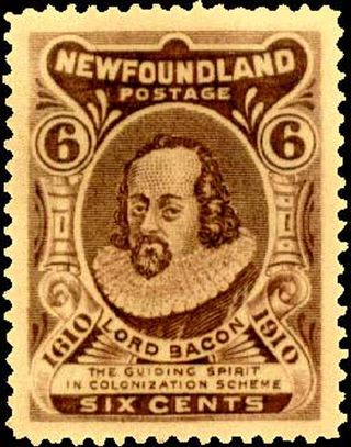 A 1910 Newfoundland stamp reading ‘Lord Bacon, the guiding spirit in colonization scheme.’