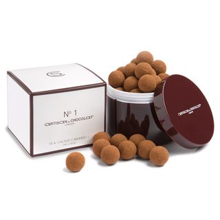 salted caramels with brown container and white box