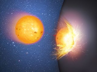 This is the first in a sequence of two artist's impressions that shows a huge, massive sphere in the center of a galaxy, rather than a supermassive black hole. Here a star moves towards and then smashes into the hard surface of the sphere, flinging out debris. The impact heats up the site of the collision.