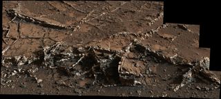 This photo, taken by NASA's Mars rover Curiosity on March 18, 2015, shows a network of two-tone mineral veins at an area called "Garden City" in the foothills of Mount Sharp. 