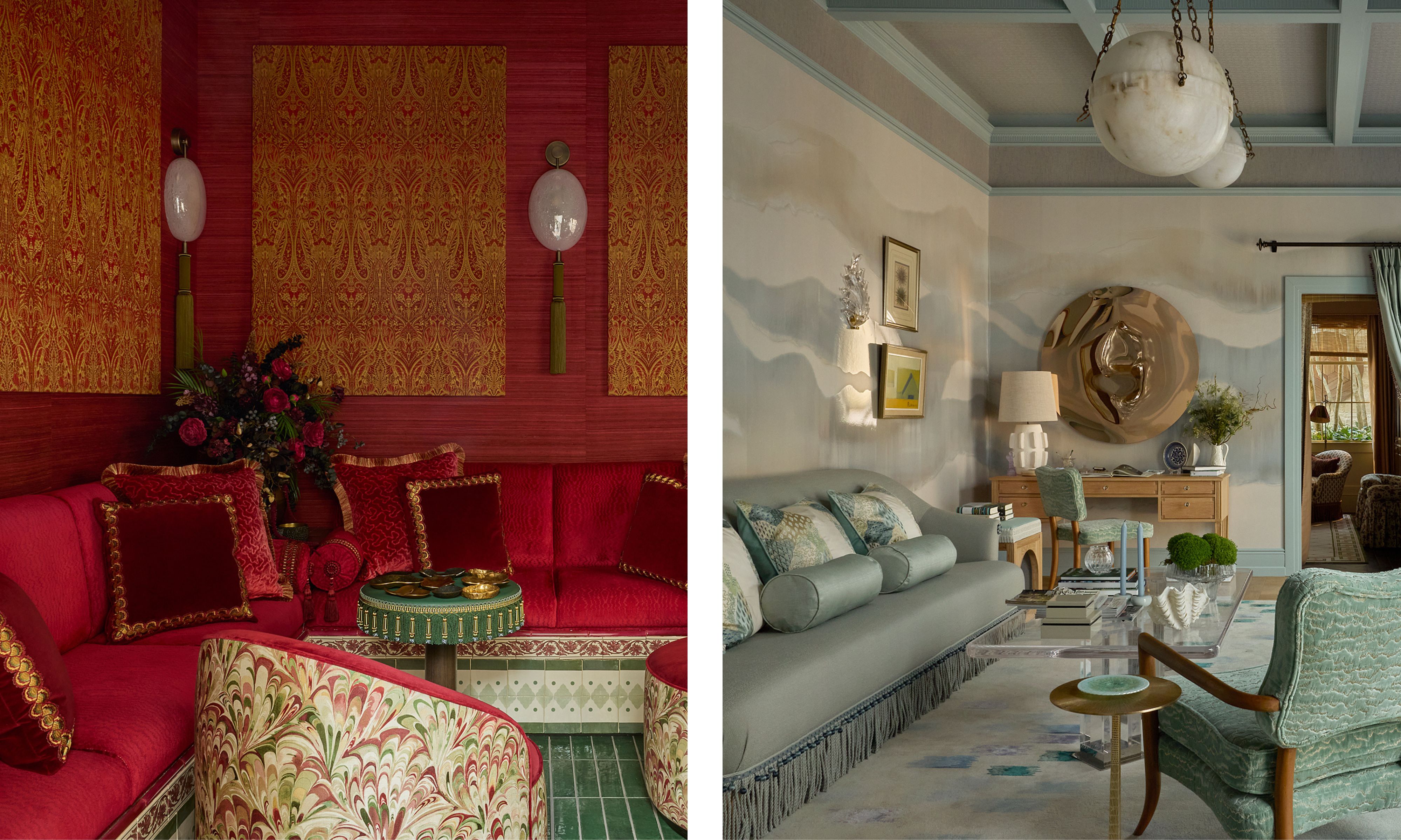 Side-by-side luxurious rooms: one dramatic in deep red and gold with plush velvet sofas; the other serene in soft blue, cream, and green with a wavy mural wall and elegant furniture.