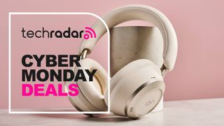 Anker Soundcore Space One Pro headphones on pink background with the words 'TechRadar: Cyber Monday deals'