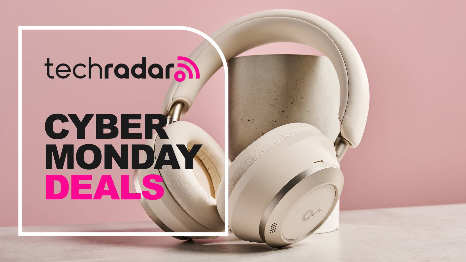 Anker Soundcore Space One Pro headphones on pink background with the words &#039;TechRadar: Cyber Monday deals&#039;