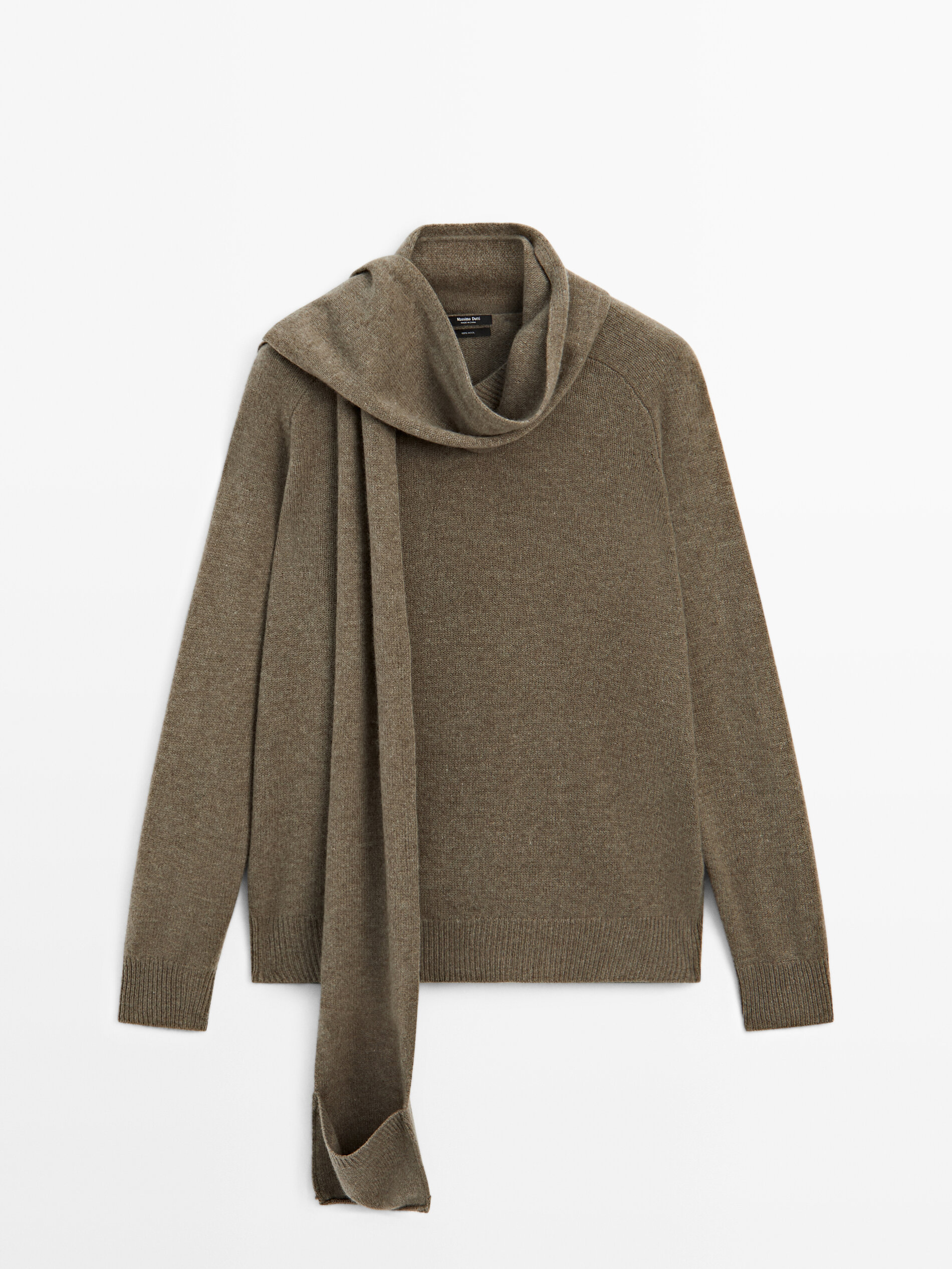 100% Wool Knit Sweater With Scarf and Pocket